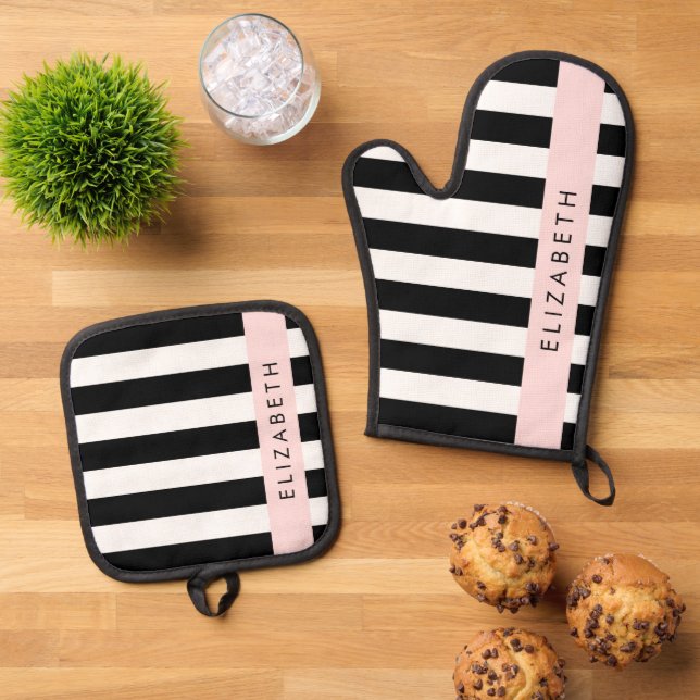 Black and White Stripes, Striped, Lines, Your Name Oven Mitt & Pot Holder Set (Top Down)