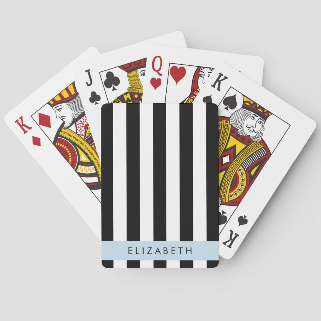 Black and White Stripes, Striped, Lines, Your Name Playing Cards (Back)