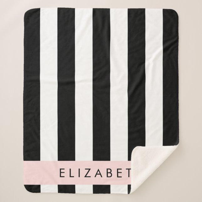 Black and White Stripes, Striped, Lines, Your Name Sherpa Blanket (Front)