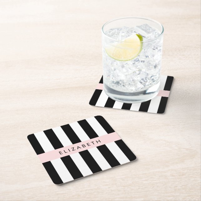 Black and White Stripes, Striped, Lines, Your Name Square Paper Coaster (Insitu)