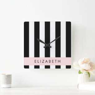 Black and White Stripes, Striped, Lines, Your Name Square Wall Clock
