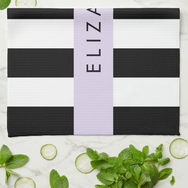 Black and White Stripes, Striped, Lines, Your Name Tea Towel (Folded)