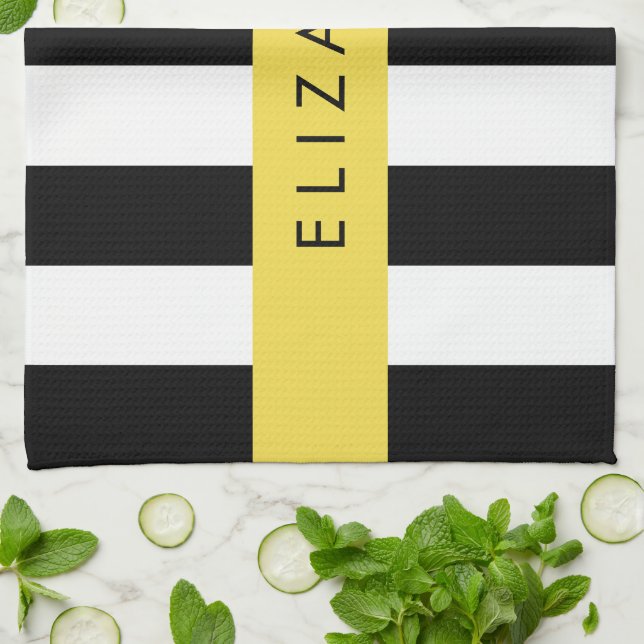 Black and White Stripes, Striped, Lines, Your Name Tea Towel (Folded)