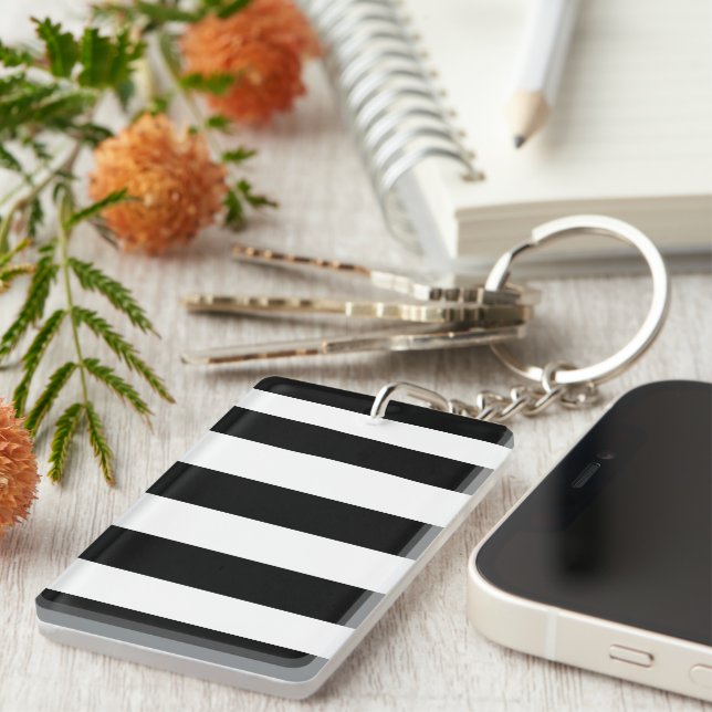 Black and White Stripes, Striped Pattern, Lines Key Ring (Front Right)