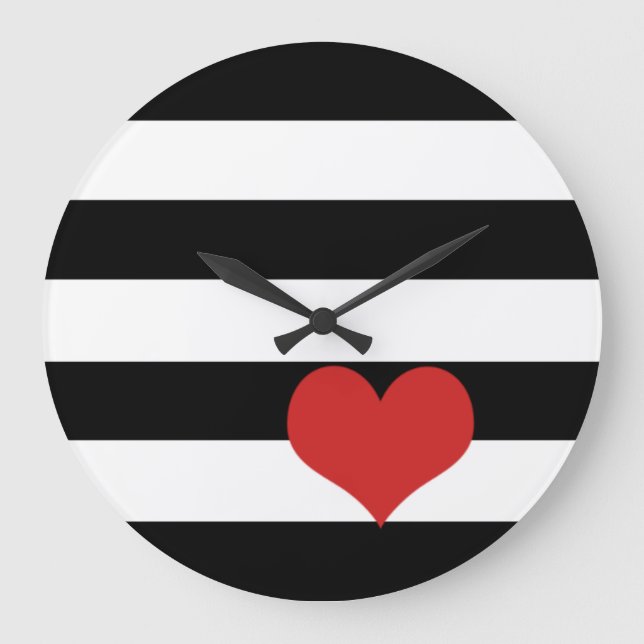 Black and White Stripes w/Red Heart Large Clock (Front)