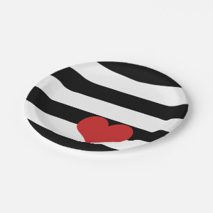 Black and White Stripes w/Red Heart Paper Plate