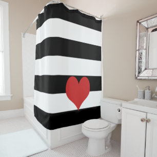 Black and White Stripes w/Red Heart Shower Curtain