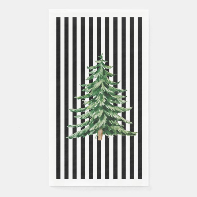 Black and White Stripes Watercolor Christmas Tree Napkin (Front)