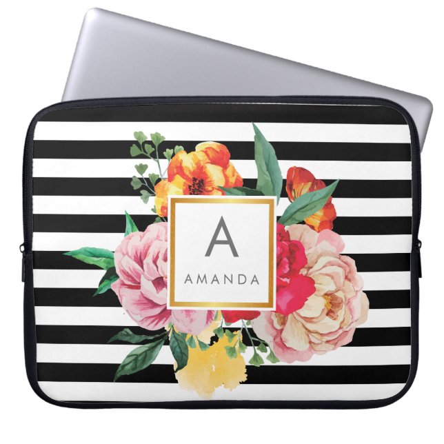 Black and white stripes Watercolor Peony Flowers Laptop Sleeve (Front)