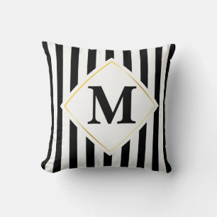 Black and White Stripes White Gold Monogram Cushion