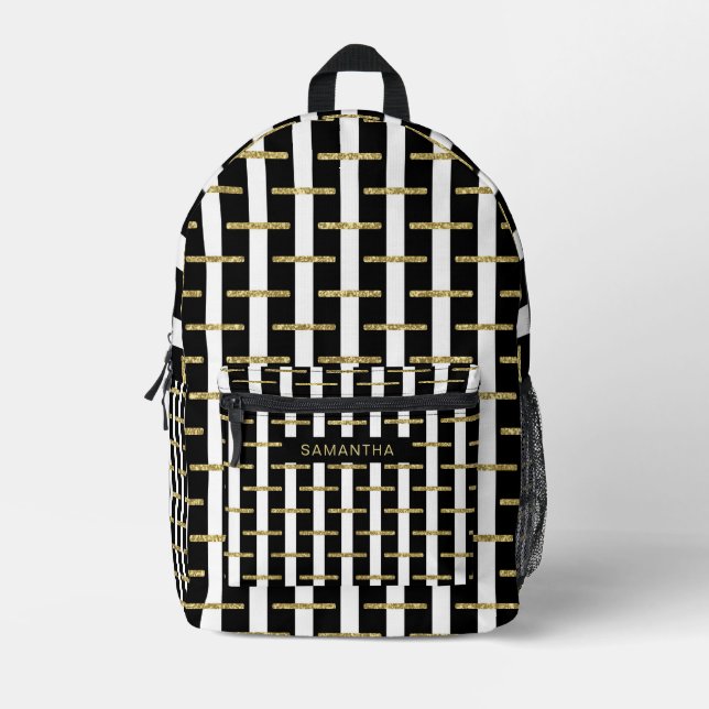 Black and White Stripes with a Glittery Gold Printed Backpack (Front)