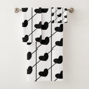 Black and White Stripes with Black Hearts Bath Towel Set
