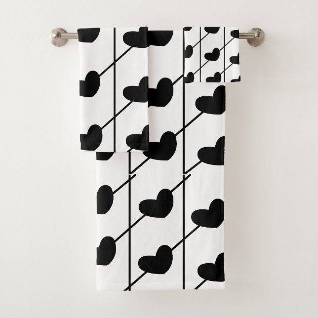 Black and White Stripes with Black Hearts Bath Towel Set (Insitu)