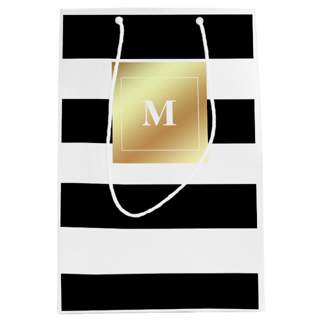 Black and White Stripes with Faux Gold Monogram Medium Gift Bag (Front)