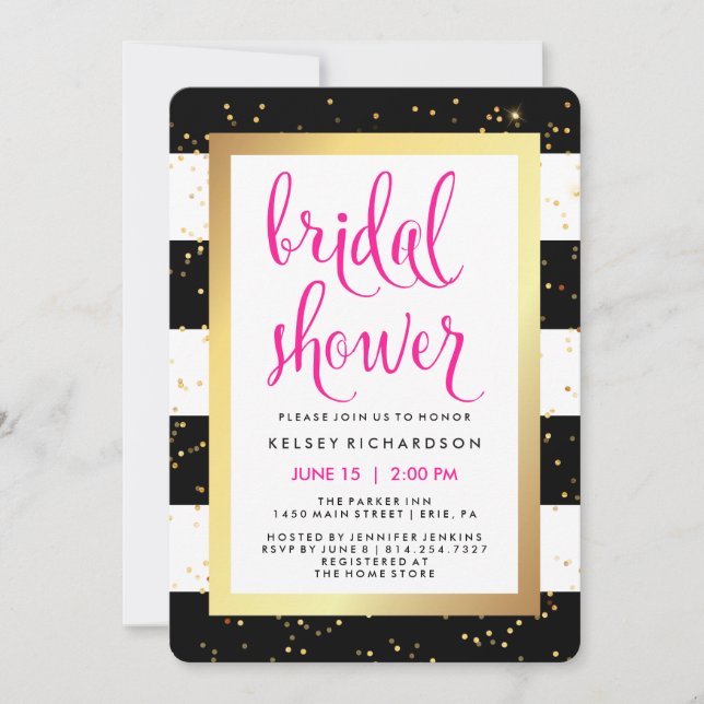 Black and White Stripes with Gold Bridal Shower Invitation (Front)