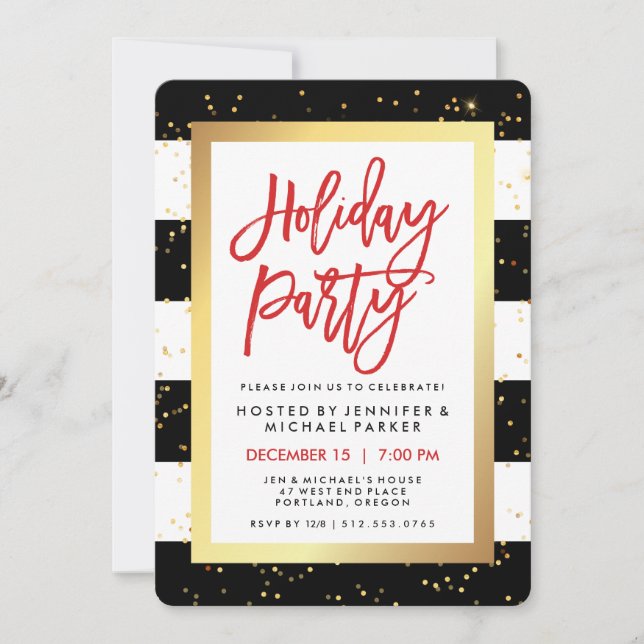 Black and White Stripes with Gold | Holiday Party Invitation (Front)