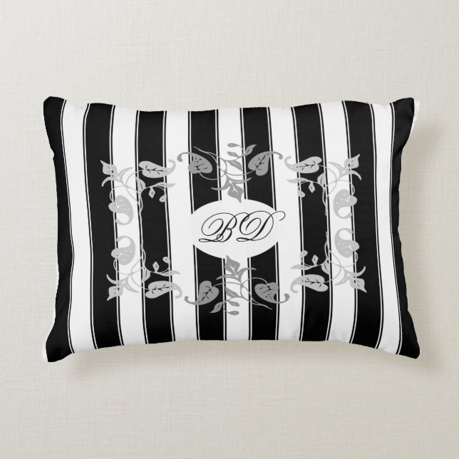 Black and White Stripes With Grey Leaves Decorative Cushion (Front)