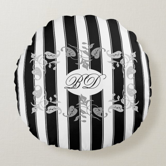 Black and White Stripes With Grey Leaves Round Cushion (Front)