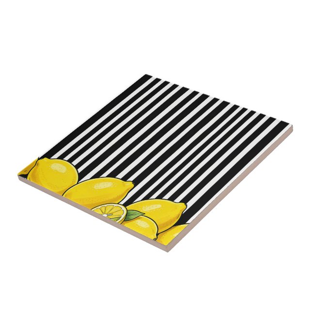 Black and white stripes with lemons ceramic tile (Side)