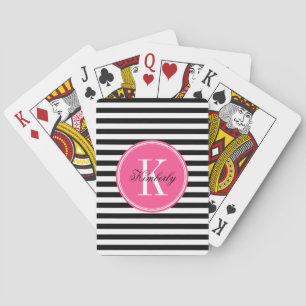 Black and White Stripes with Pink Monogram Playing Cards