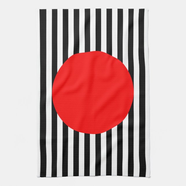 Black and white stripes with red monogram circle tea towel (Vertical)