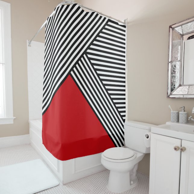 Black and white stripes with red triangle shower curtain (In Situ)