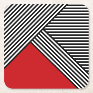 Black and white stripes with red triangle square paper coaster