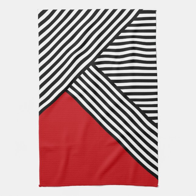 Black and white stripes with red triangle tea towel (Vertical)