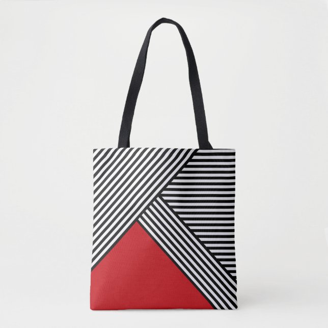 Black and white stripes with red triangle tote bag (Front)