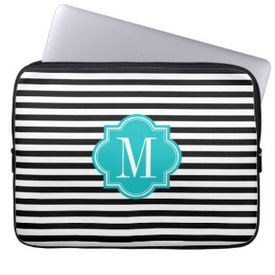 Black and White Stripes with Teal Monogram Laptop Sleeve