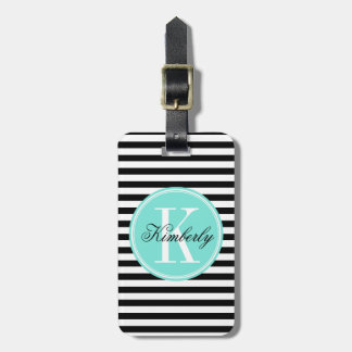 Black and White Stripes with Turquoise Monogram Luggage Tag