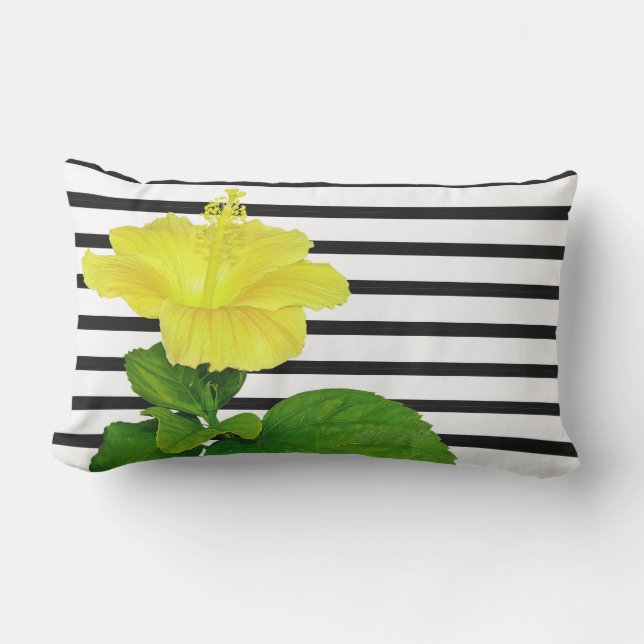 Black and White Stripes with Yellow Hibiscus Lumbar Cushion (Front)