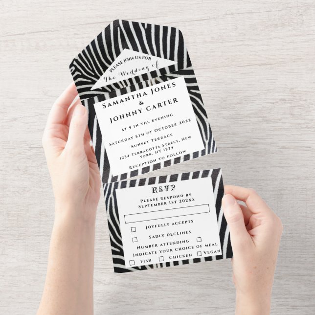 Black and White Stripes Zebra Animal Wedding  All In One Invitation (Tearaway)