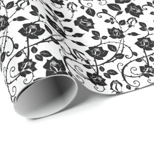 Black And White Stylised Roses Pattern Wrapping Paper
