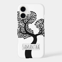 Black and white stylised tree and name