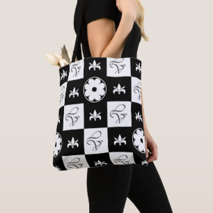Black and White Stylish Checkered Floral Pattern T Tote Bag