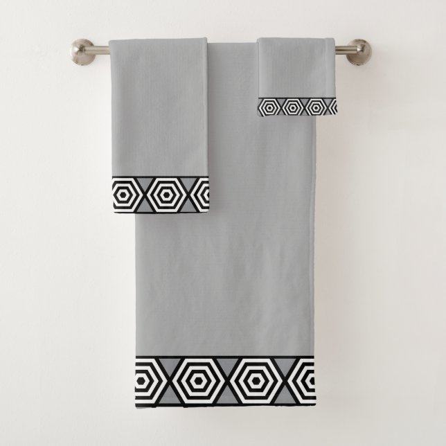 Black and White Stylish Geometric Frame on Grey Bath Towel Set (Insitu)