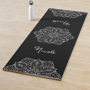 Black And White Stylish Mandala With Custom Name Yoga Mat