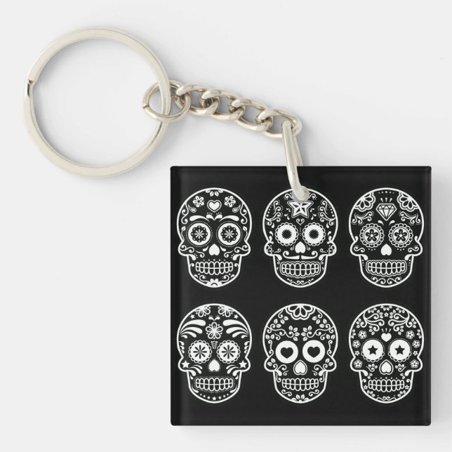 Black and White Sugar Skull Acrylic Keychain (Front)