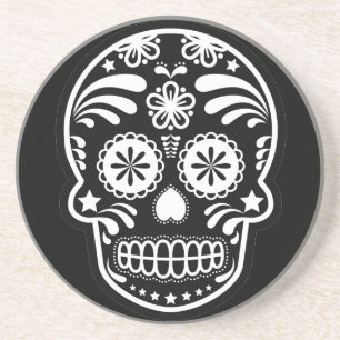 Black and White Sugar Skull Flower Coaster
