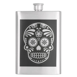 Black and White Sugar Skull Flower Hip Flask