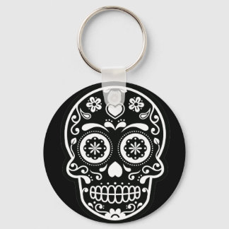 Black and White Sugar Skull Heart Button Keychain