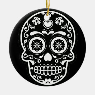 Black and White Sugar Skull Heart Ornament Round