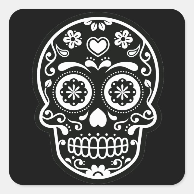 Black and White Sugar Skull Heart Square Sticker (Front)