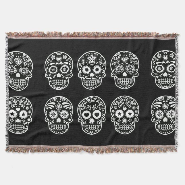 Black and White Sugar Skull Throw Blanket (Front)