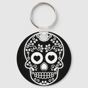 Black and White Sugar Skull Vine Button Keychain