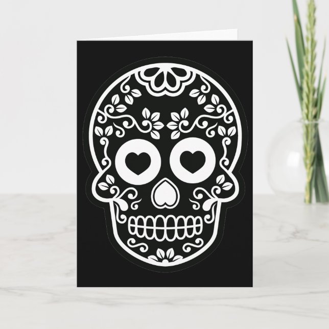 Black and White Sugar Skull Vine Greeting Card (Front)