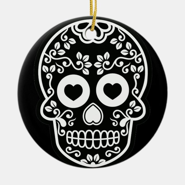 Black and White Sugar Skull Vine Ornament Round (Front)