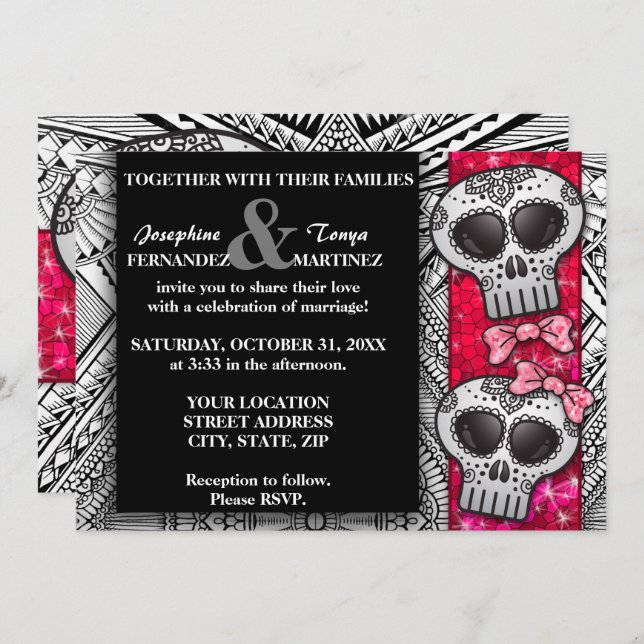 Black and White Sugar Skull Wedding Glitter Invitation (Front/Back)