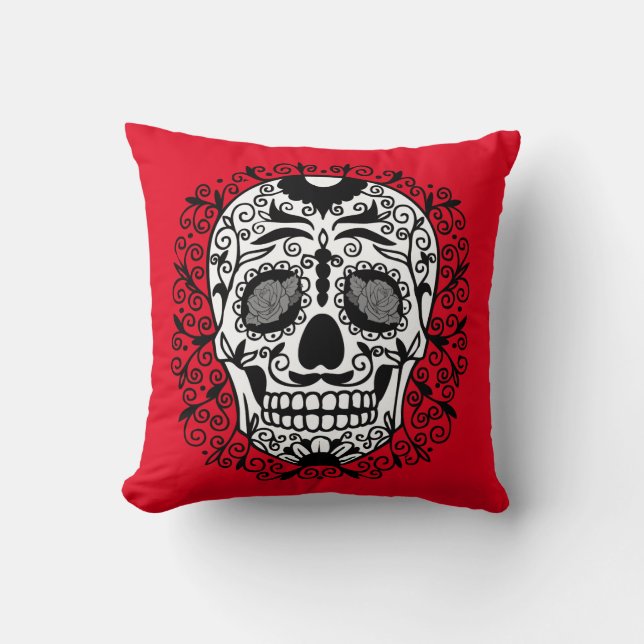 Black and White Sugar Skull With Rose Eyes Cushion (Front)
